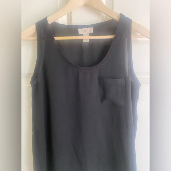 LOFT Sheer Tank Top Size S Black Scoop Neck Chest Pocket Round Hem - Picture 2 of 6